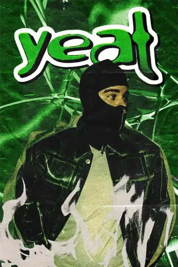 Green yeat logo with white outline above person in black balaclava on american hip hop rapper star yeat canvas painting posters