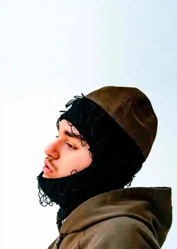 Brown suede beanie with black curly fringe trim featured in american hip hop rapper star yeat canvas painting posters