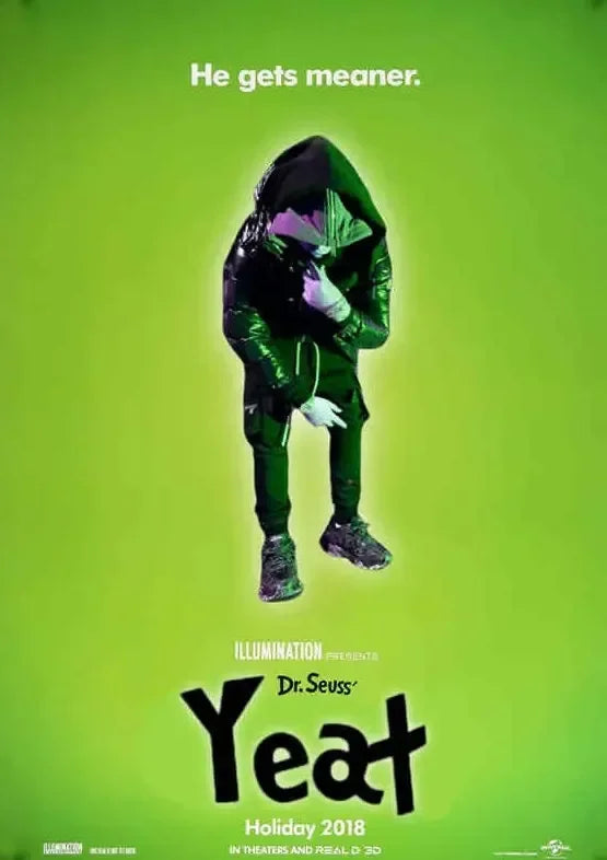 Glossy green hooded outfit with purple mask and gloves on rapper star Yeat in american hip hop canvas painting posters