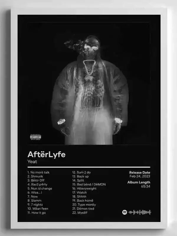 Black and white canvas painting poster of rapper star yeat with stylized x-ray image for american hip hop decor