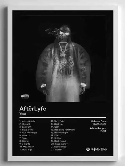 Black and white canvas painting poster of rapper star yeat with stylized x-ray image for american hip hop decor