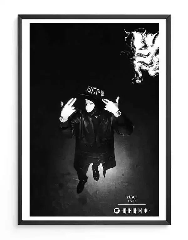 Black and white canvas painting poster of american hip hop rapper star yeat in dark coat and bcfm hat for wall art