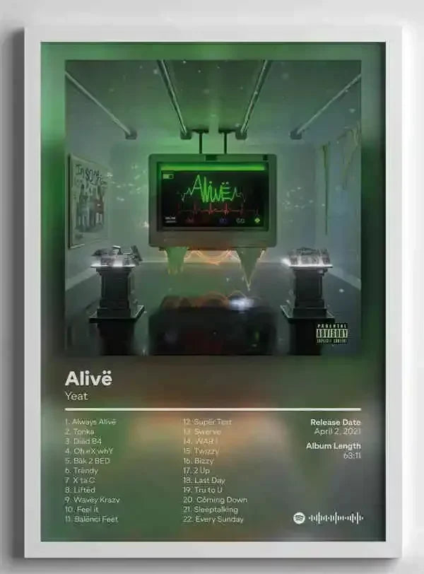 Green canvas painting poster of american hip hop rapper star yeat alivē album with futuristic room design wall art