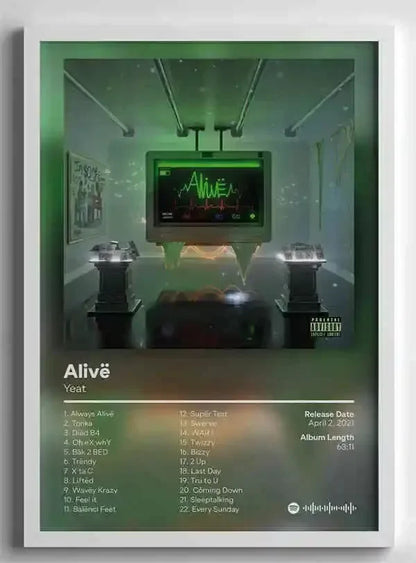 Green canvas painting poster of american hip hop rapper star yeat alivē album with futuristic room design wall art