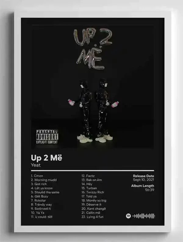 Black framed canvas painting poster of american hip hop rapper star yeat album up 2 më with silver lettering and pink accents