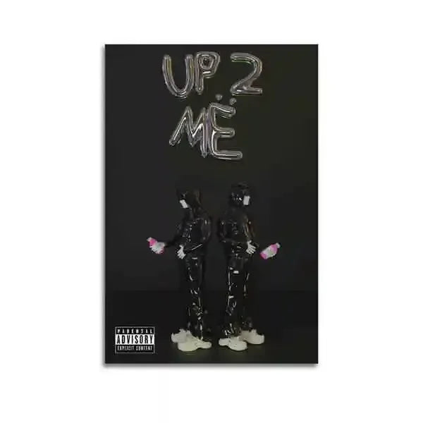 Black canvas painting poster of rapper star yeat with metallic silver up 2 me title and pink bottle figurines for american hip hop fans