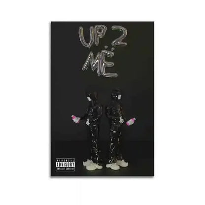 Black canvas painting poster of rapper star yeat with metallic silver up 2 me title and pink bottle figurines for american hip hop fans