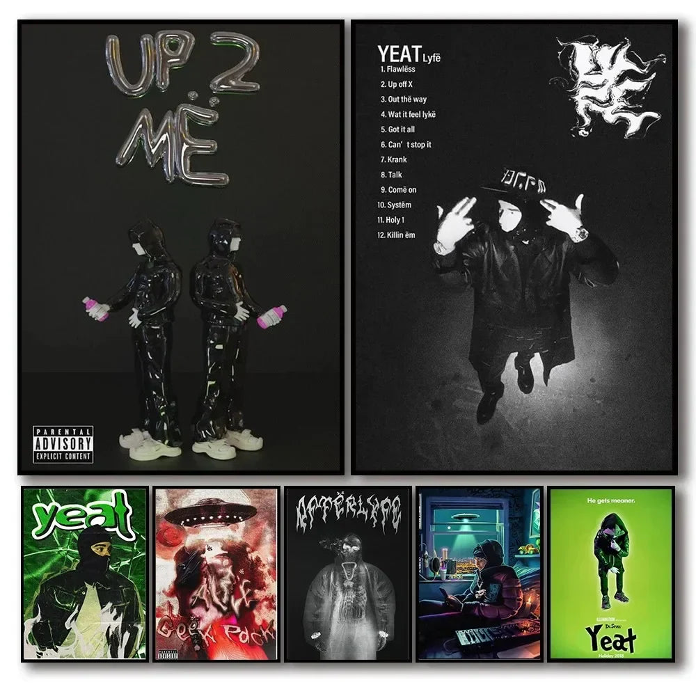 Black glossy figurines with white shoes and pink bottles in american hip hop rapper star yeat canvas painting posters