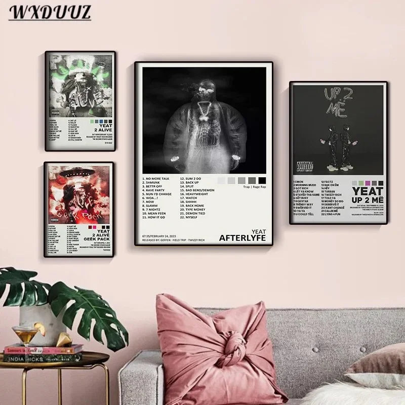 Black and white canvas painting poster featuring rapper star yeat stylized portrait and afterlyfe album tracklist for living room decor