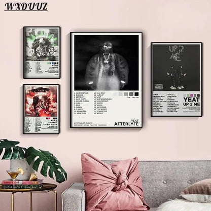 Black and white canvas painting poster featuring rapper star yeat stylized portrait and afterlyfe album tracklist for living room decor