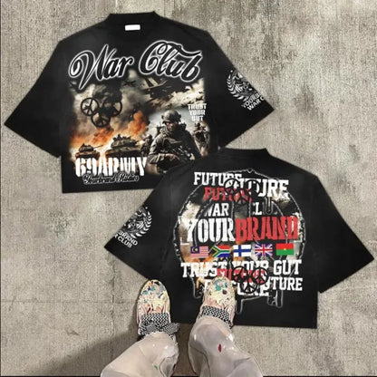 Black short-sleeved hip hop retro graphic tee with bold gothic war print and multiple national flags for streetwear