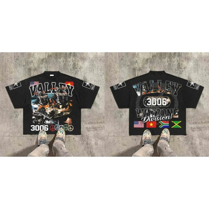 Black graphic tee featuring bold valley 3006 text and gothic war print with flags peace symbols for hip hop retro valley division harajuku style