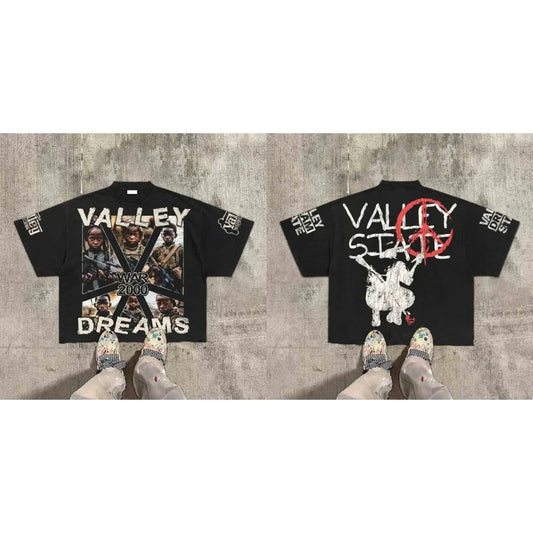 Black oversized t shirt featuring bold hip hop retro valley division harajuku gothic war print on the back