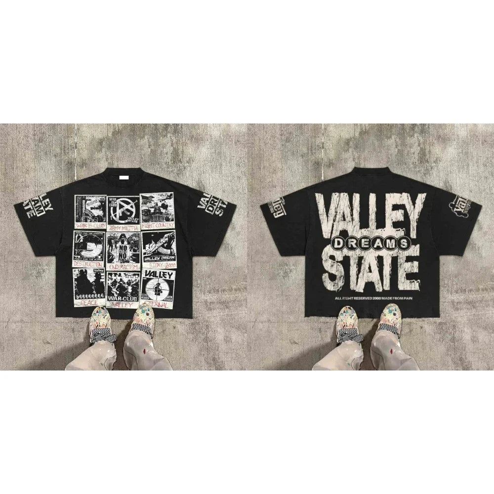 Black short-sleeved t-shirt with white gothic war print graphic on front and valley division harajuku text on back