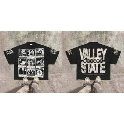 Black short-sleeved t-shirt with white gothic war print graphic on front and valley division harajuku text on back