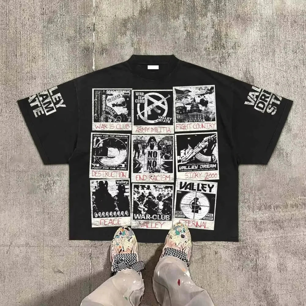 Black oversized t-shirt with gothic war print collage and bold white text sleeves for hip hop retro and valley division harajuku style