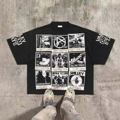 Black oversized t-shirt with gothic war print collage and bold white text sleeves for hip hop retro and valley division harajuku style