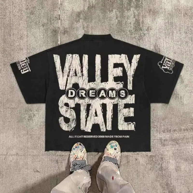 Black short-sleeved t-shirt with distressed valley division harajuku gothic war print for hip hop retro streetwear