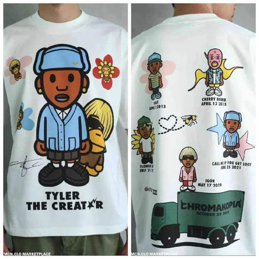White pure cotton loose american hip hop t-shirt featuring tyler the creator cartoon graphic with versatile short sleeves