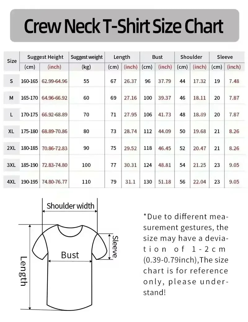 Crew neck size chart in centimeters and inches for american hip hop singer printed pure cotton loose t-shirt sizes S to 4X