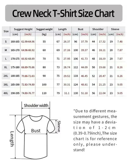 Crew neck size chart in centimeters and inches for american hip hop singer printed pure cotton loose t-shirt sizes S to 4X