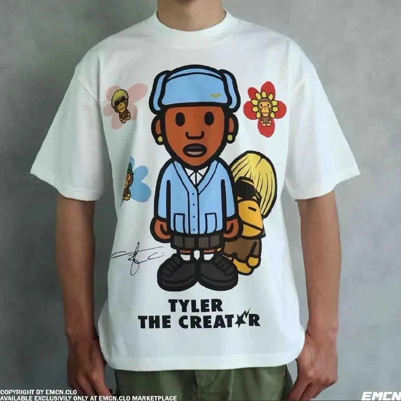 White pure cotton loose short-sleeved t-shirt featuring american hip hop singer graphic with floral motifs by emcn.clo