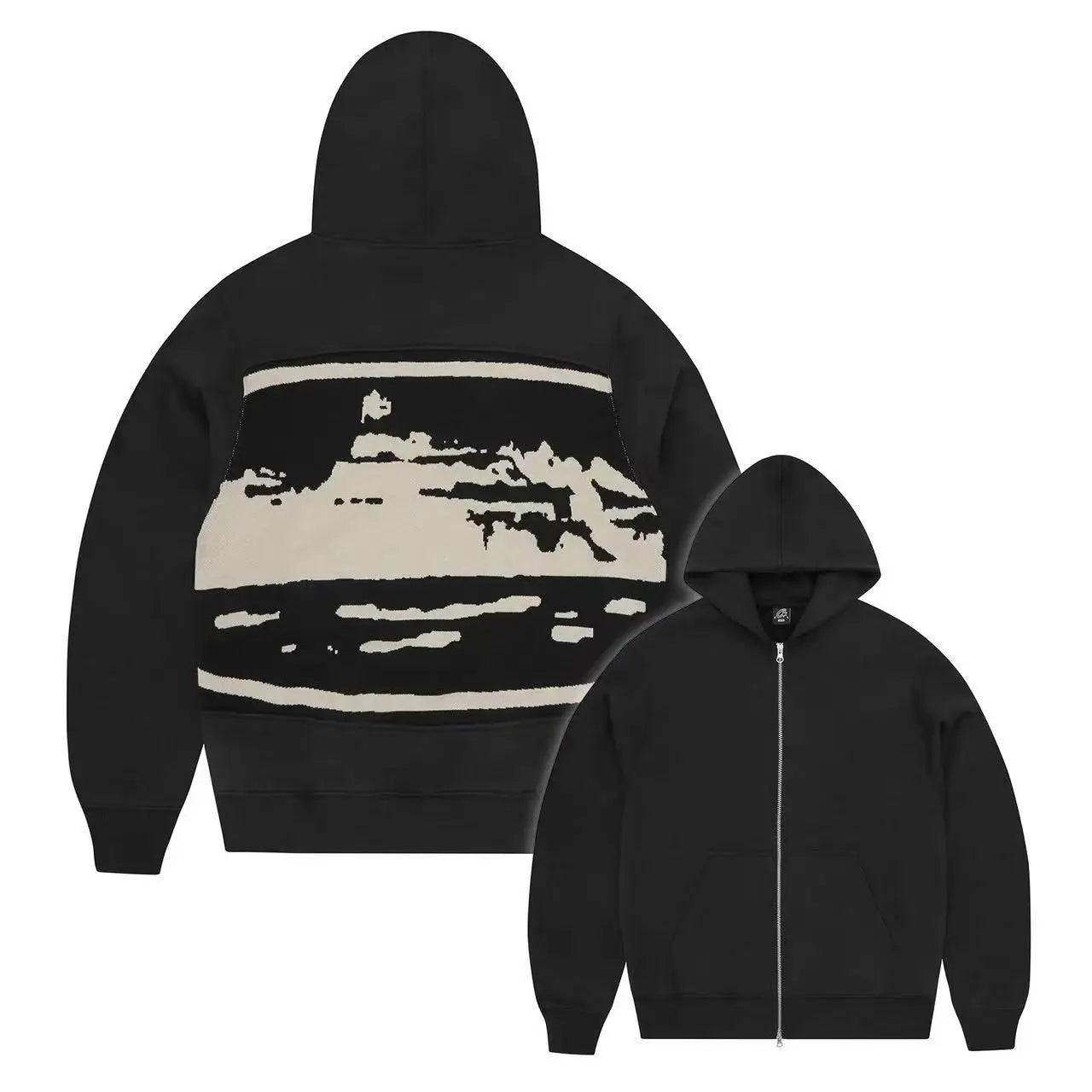 Back side of a black american hip hop street dance zip-up hoodie with cream textured mountain design and cardigan zipper devil style