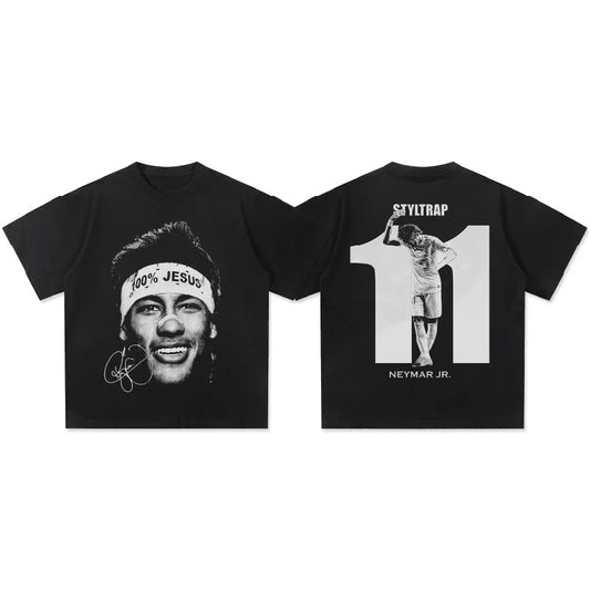 Black short sleeve heavy cotton t-shirt featuring a black and white neymar jr graphic for men and women