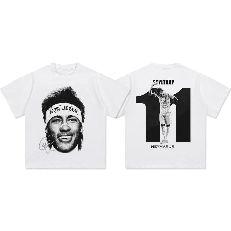 White t-shirt featuring a black-and-white graphic of neymar jr.