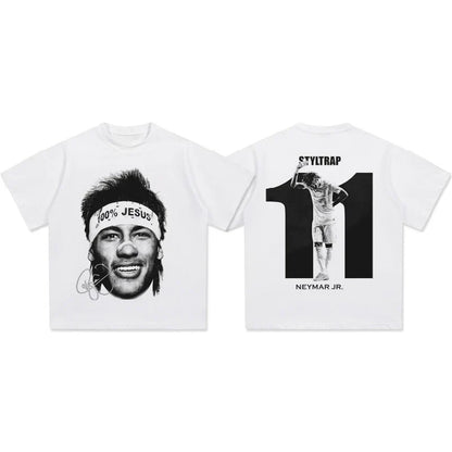 White t-shirt featuring a black-and-white graphic of neymar jr.