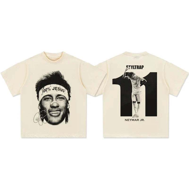 Cream-colored oversized short sleeve t-shirt with black and white Neymar Jr graphic prints for men and women