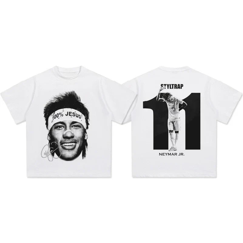 White short sleeve t-shirt featuring a black and white neymar jr graphic american hip hop summer style