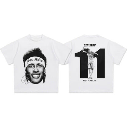White short sleeve t-shirt featuring a black and white neymar jr graphic american hip hop summer style