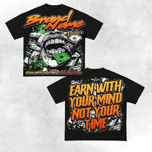 Black short-sleeved t-shirt with bold orange green graphic and portrait double-sided printing in american hip hop y2k style