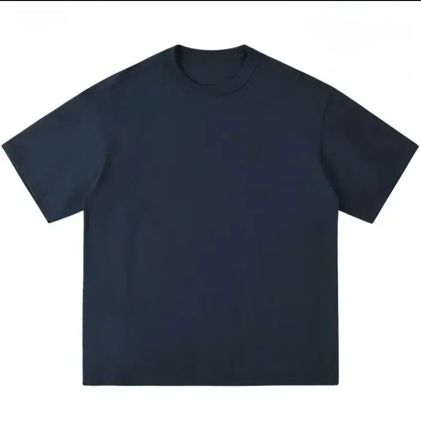 Dark navy blue plain short-sleeved t-shirt with crew neck featuring american hip hop y2k portrait double-sided printing