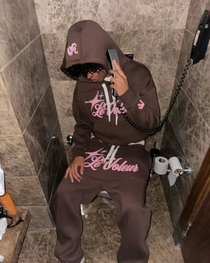 Brown piece set y2k hoodie and sweatpants with pink american letter graphics for womens sportswear hip hop style