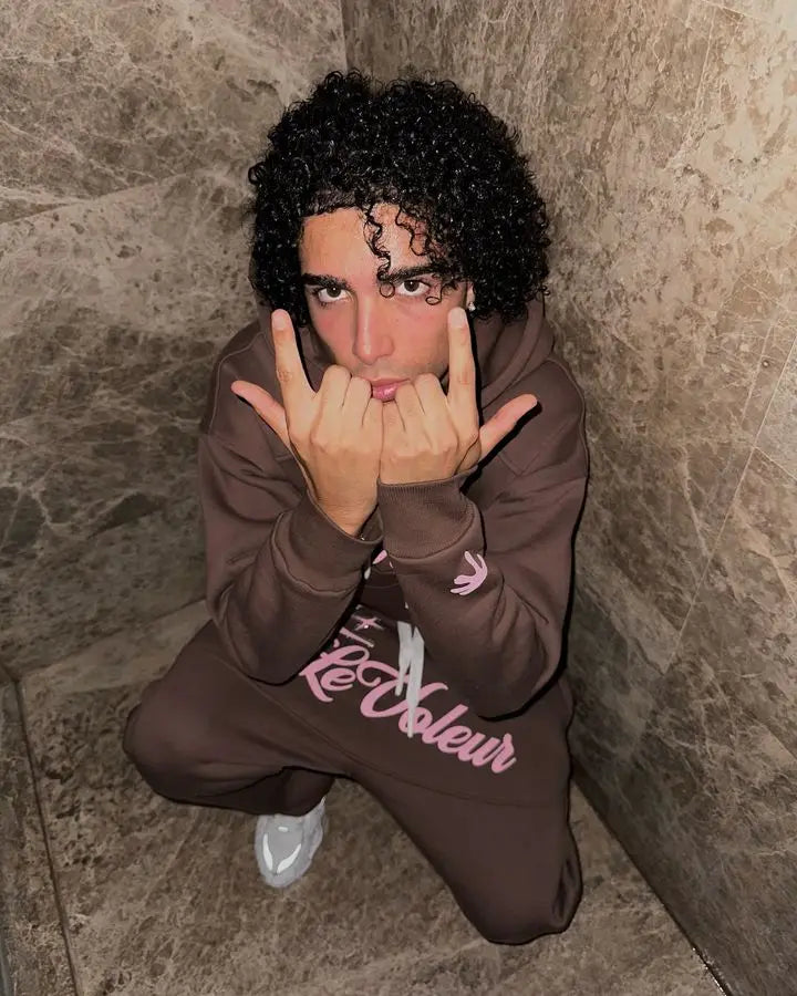 Brown hoodie with pink le coleur lettering and white sleeve logo in american letter graphics piece set y2k womens sportswear hip