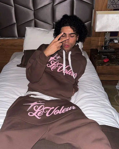 Brown le voleur hoodie and sweatpants piece set y2k with pink american letter graphics womens sportswear hip hop style