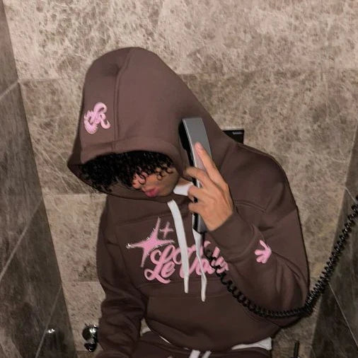 Brown oversized hoodie from american letter graphics two piece set y2k featuring pink and white logo details for womens sportswear hip hop
