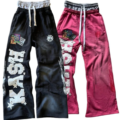 Black and pink pants baggy sweatpants with american letter patch and double layer design y2k drawstrings patches and elastic waist