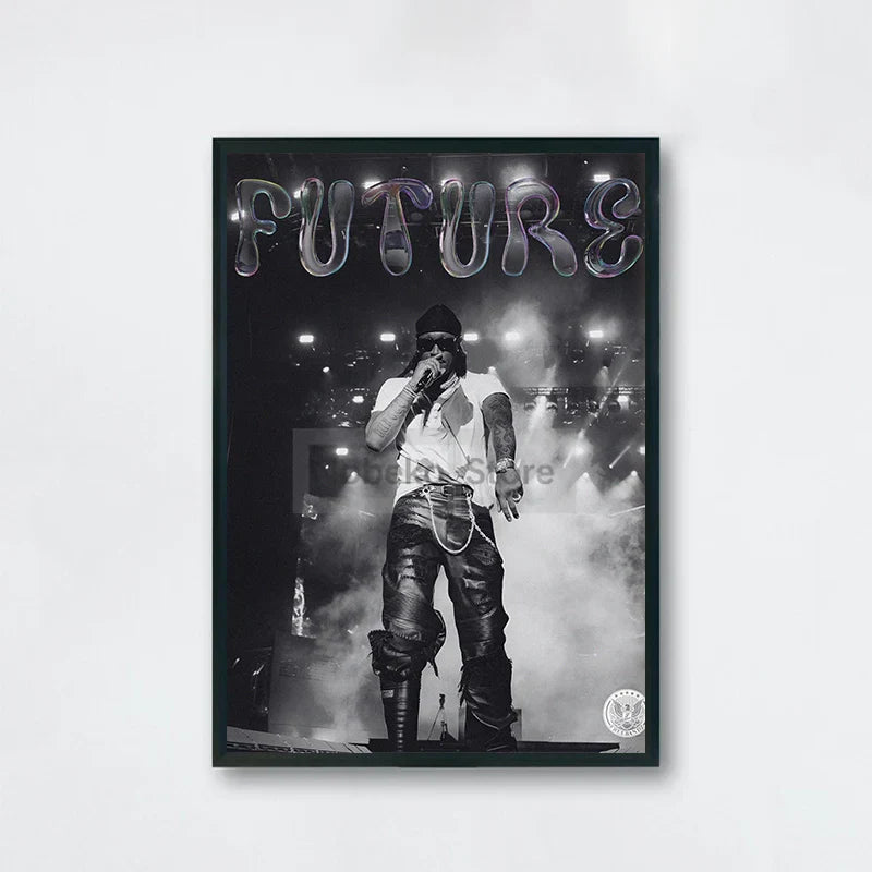 Black-and-white framed future album poster featuring american rapper future in performance attire for home room rap decor