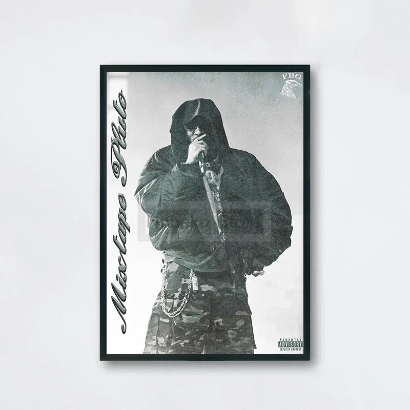 Black-framed future album poster with monochrome hooded figure holding microphone for home room rap decor