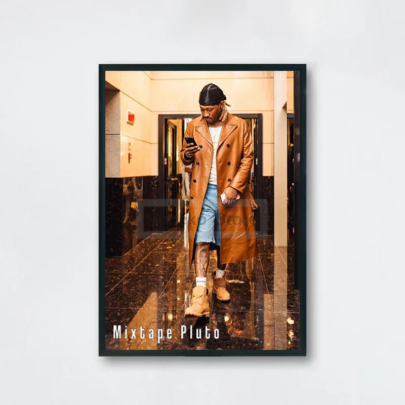 Black-framed future album poster featuring a man in tan leather coat and blue shorts for home room rap decor