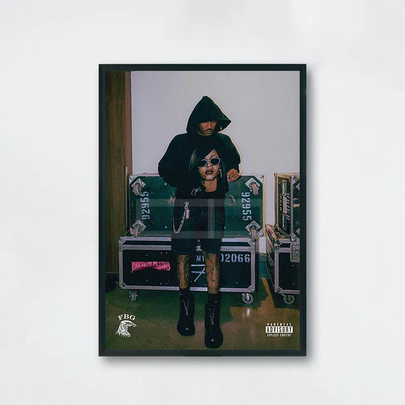 Black-framed future album poster featuring two figures with green and black cases for home room rap music decor