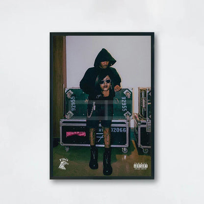 Black-framed future album poster featuring two figures with green and black cases for home room rap music decor