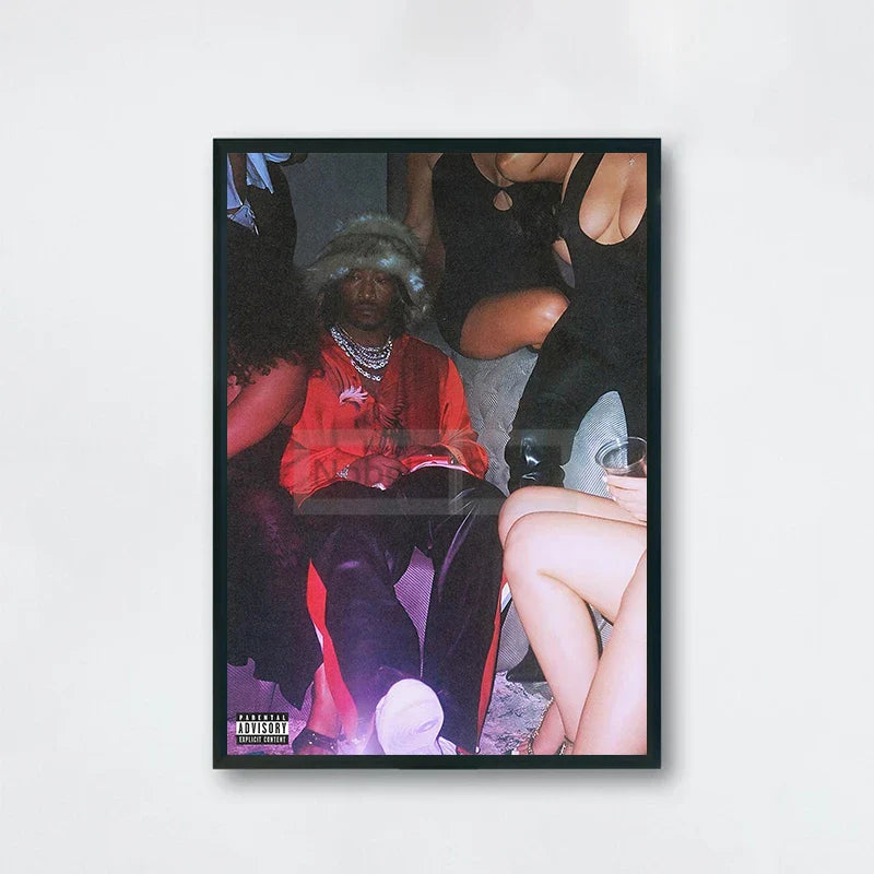 Black-framed future album poster featuring american rapper future in orange shirt and fur hat for home room rap decor
