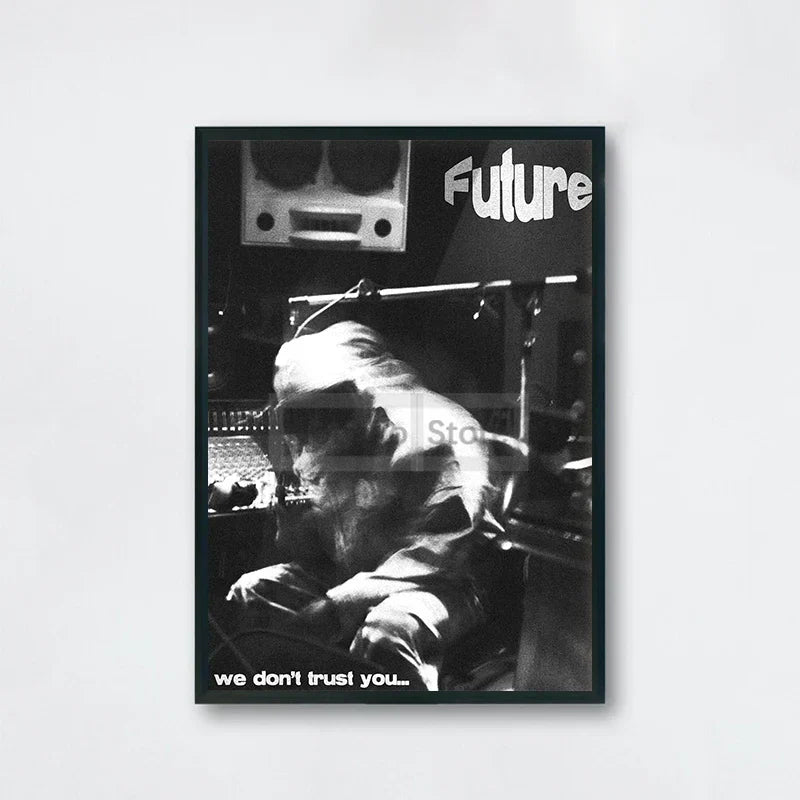 Black and white framed future album poster featuring american rapper future in a recording studio for home room rap decor