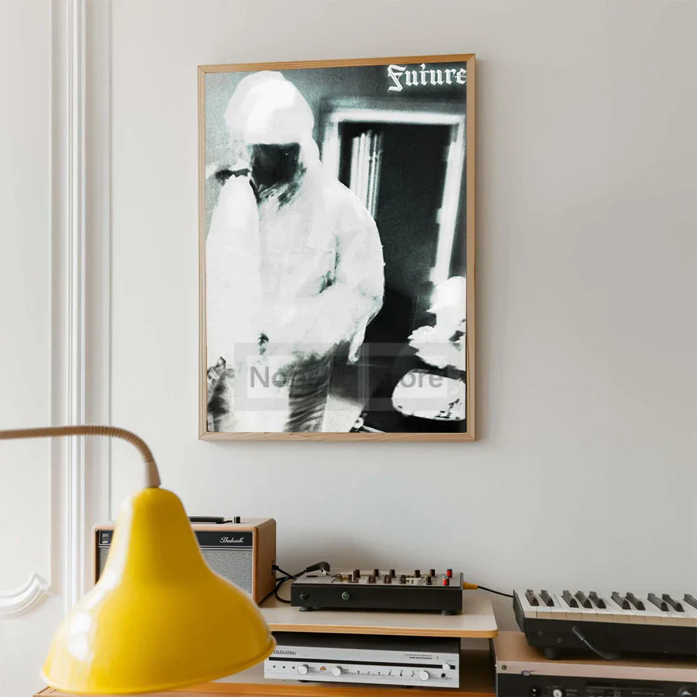 A framed black and white future album poster featuring a stylized portrait for home room rap music decor