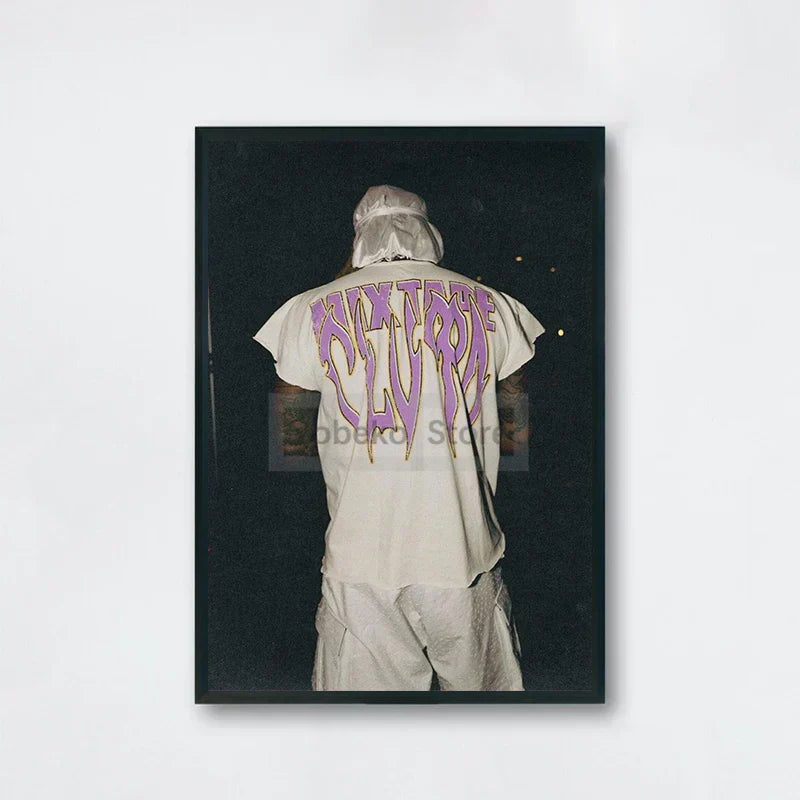A framed future album poster featuring a person wearing an off-white mixtape clip t-shirt for home room rap decor