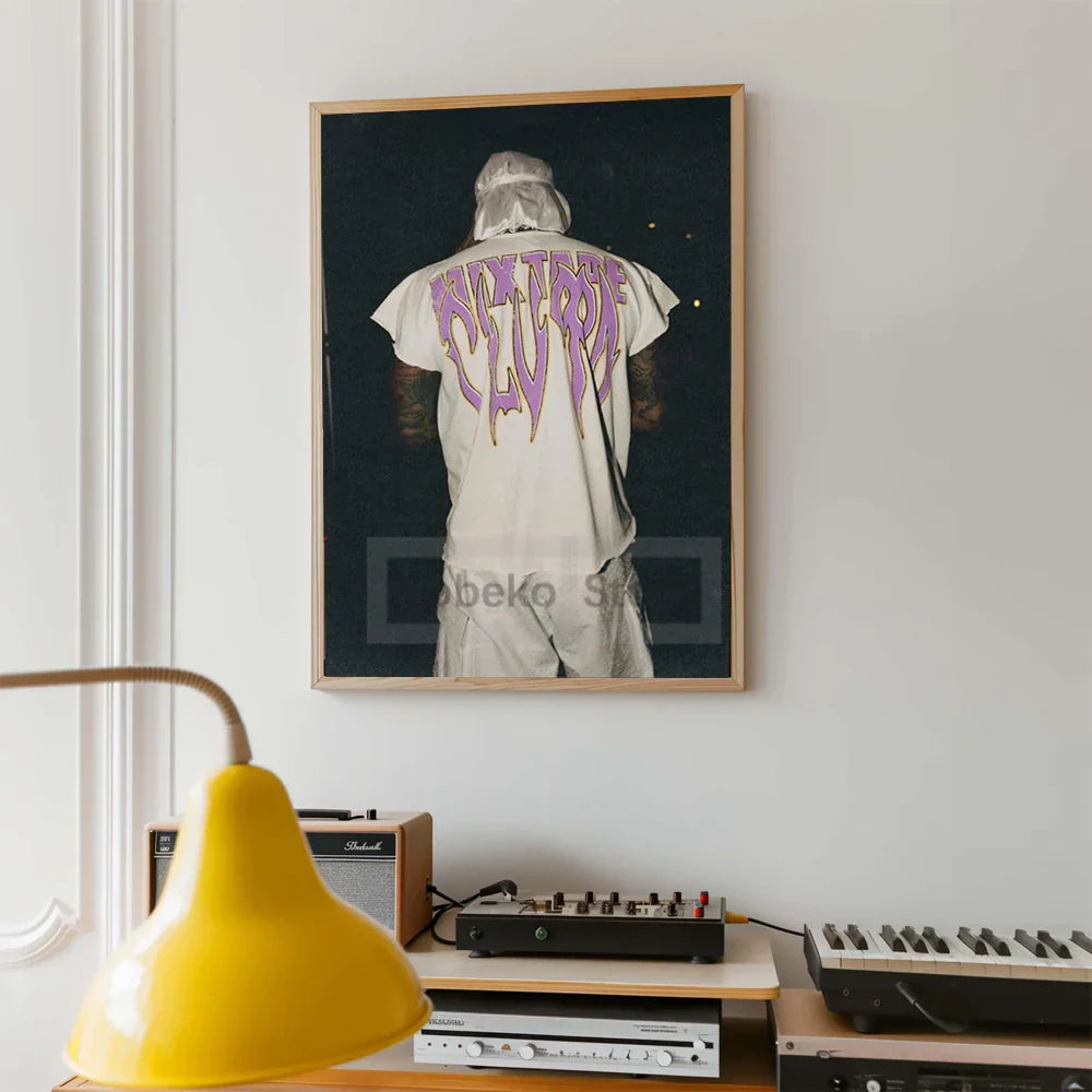 Framed future album poster featuring american rapper future in white t shirt with purple mixtape club lettering for home room rap decor